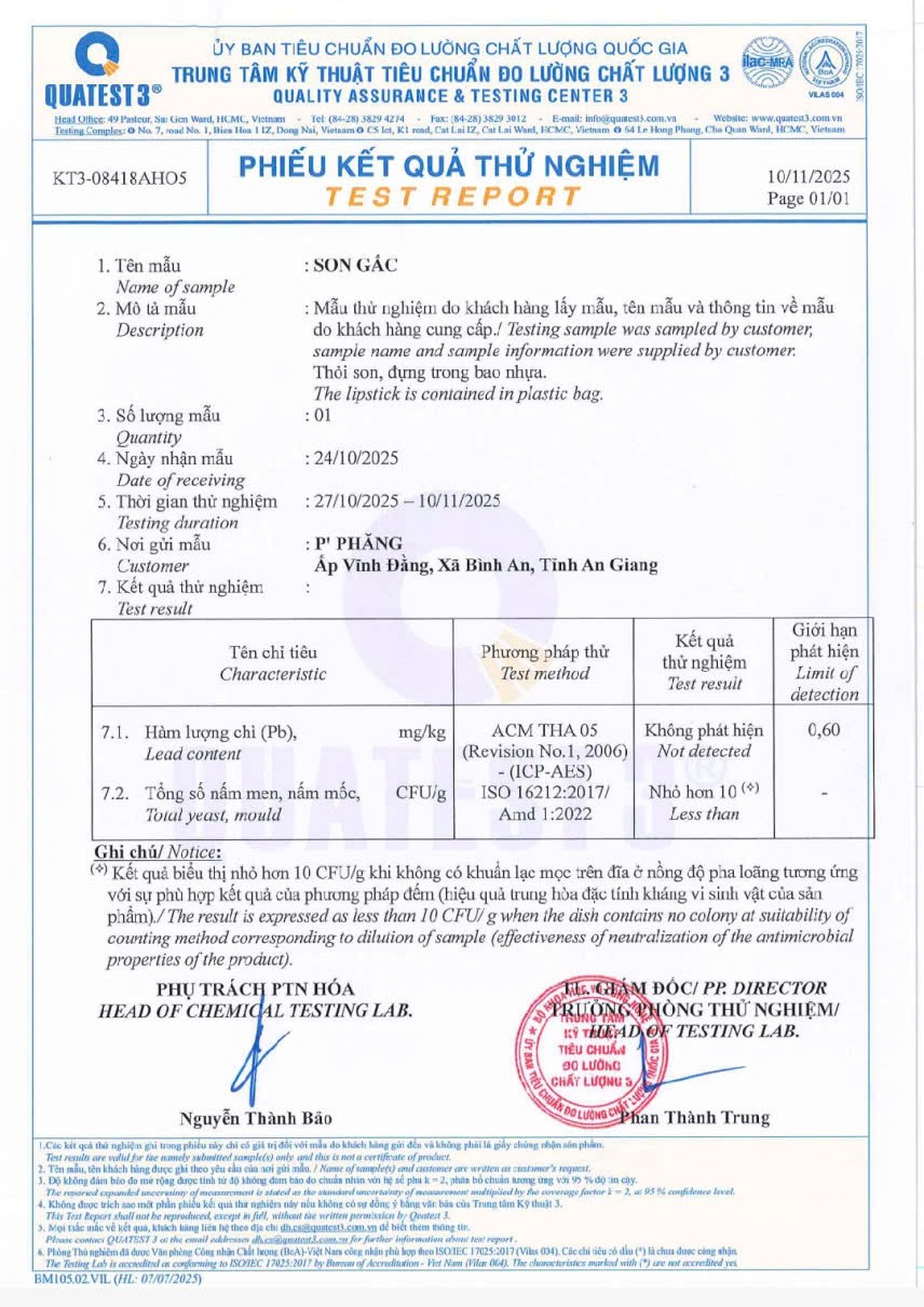 Phiếu kiểm nghiệm kết quả