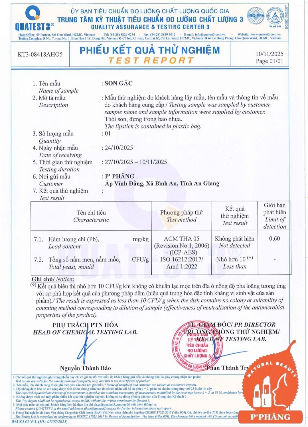 PHIẾU KIỂM NGHIỆM SON GẤC